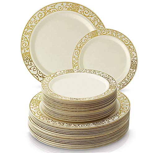 Silver Spoons Vajilla para Fiestas Desechable de 40 Piezas | 20 Platos Grandes | 20 Platos para Ensalada | Elegante Aspecto de Porcelana Fina | para Bodas Y Comidas de Lujo (Venetian Collection – Oro)