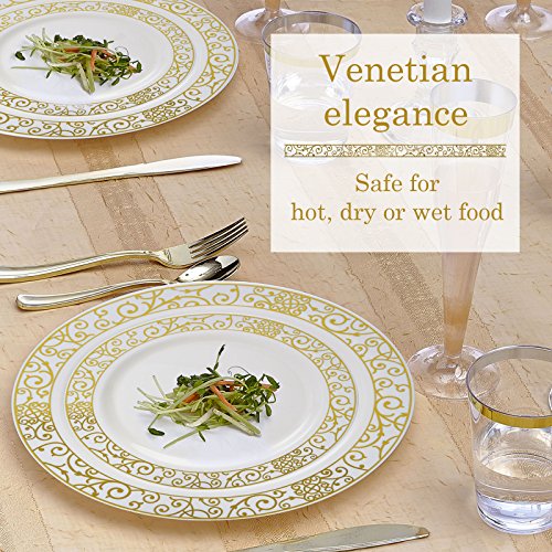 Silver Spoons Vajilla para Fiestas Desechable de 40 Piezas | 20 Platos Grandes | 20 Platos para Ensalada | Elegante Aspecto de Porcelana Fina | para Bodas Y Comidas de Lujo (Venetian Collection – Oro)