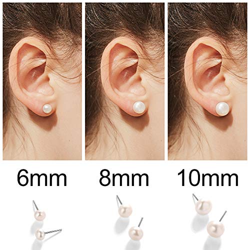 Silvora 3 Pares Perlas 6/8/10MM Pendientes Plata con Perlas Agua dulce para Mujeres Chicas Pendientes Perla natural Gratis caja de regalo