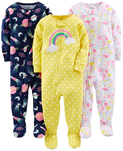 Simple Joys by Carter's pijama de algodón para bebés y niñas pequeñas, 3 unidades ,Dinosaur, Space, Rainbow ,6-9 Meses
