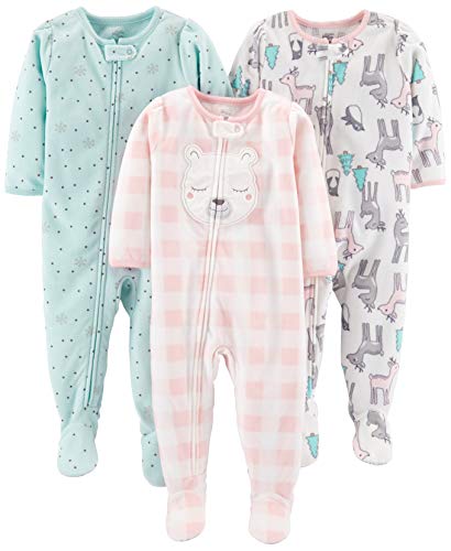 Simple Joys by Carter's pijama de forro polar suelto para bebés y niñas pequeñas, paquete de 3 ,Pink Deer/Blue Snowflakes/Pink Check ,12 Meses