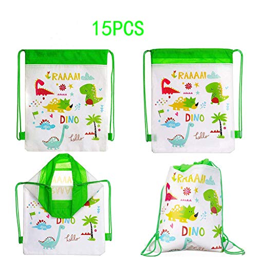 SIMUER 15pcs Niños con Cordón Mochilas Dinosaurio Party Bolsas, Viaje Bolsillo Estudiantes Mochilas Paquete de Gimnasio para Niños Regalos Cumpleaños