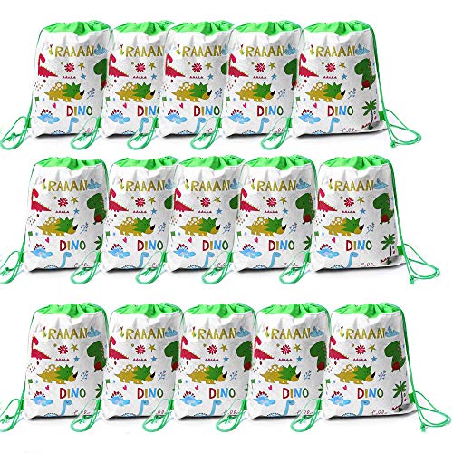 SIMUER 15pcs Niños con Cordón Mochilas Dinosaurio Party Bolsas, Viaje Bolsillo Estudiantes Mochilas Paquete de Gimnasio para Niños Regalos Cumpleaños