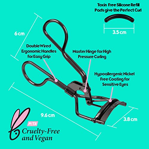 Sin de Nickel. Vegano. Libre de Crueldad. Rizador de Pestañas Profesional con Almohadillas Pestañas. Funciona con Pestañas Falsas o Naturales. Color Negro. ¡Satisfacción Garantizada! Por PREEN KIT