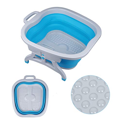 Sinbide Masajeador SPA para Pies Baño para su Relajación y Rejuvenecimiento Bañera de Pies Goma Cucharón con Burbujas Azul Rosa Plegable (Azul)