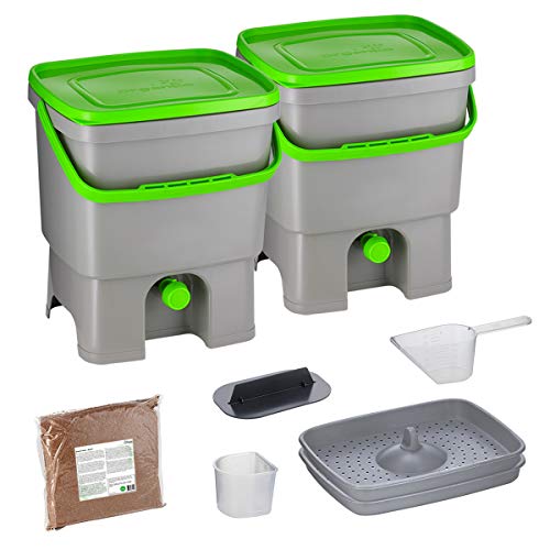 Skaza Bokashi Organko Set (2 x 16 L) Compostador 2X de Jardín y Cocina de Plástico Reciclado | Starter Set con EM Bokashi Polvo 1 Kg. (Gris-Verde)
