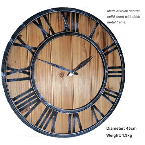 SKJIND - Reloj de pared de madera rústica sin ruido con marco de hierro, Burlywood, 45 cm