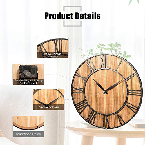 SKJIND - Reloj de pared de madera rústica sin ruido con marco de hierro, Burlywood, 45 cm