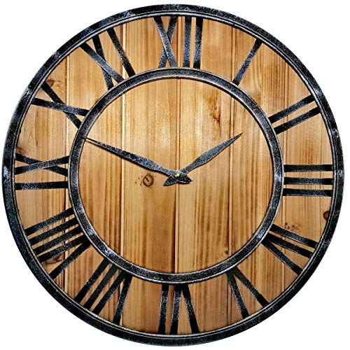 SKJIND - Reloj de pared de madera rústica sin ruido con marco de hierro, Burlywood, 45 cm