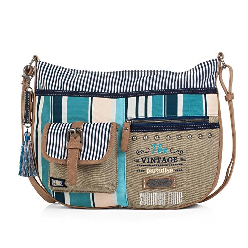 SKPAT - Bolso Mediano de Mujer Tipo Bandolera. Lona Estampada a Rayas. Práctico Cómodo y Ligero. Uso Diario Marca de Calidad. Estilo Joven y Casual. 92948, Color Beige