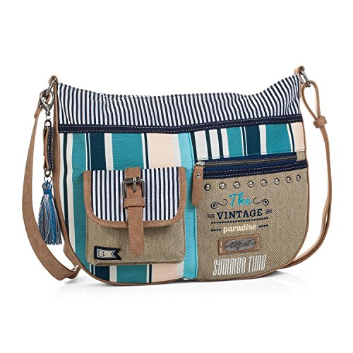 SKPAT - Bolso Mediano de Mujer Tipo Bandolera. Lona Estampada a Rayas. Práctico Cómodo y Ligero. Uso Diario Marca de Calidad. Estilo Joven y Casual. 92948, Color Beige