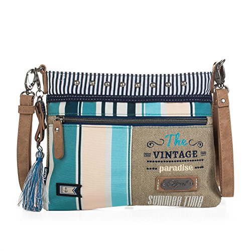 SKPAT - Bolso Pequeño de Mujer Tipo Bandolera. Lona Estampada a Rayas. Cómodo Práctico y Ligero. para Diario. Llavero de Regalo. Estilo Joven Actual e Informal. Muy Bonito. 92966, Color Beige