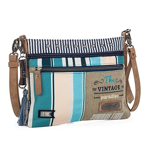 SKPAT - Bolso Pequeño de Mujer Tipo Bandolera. Lona Estampada a Rayas. Cómodo Práctico y Ligero. para Diario. Llavero de Regalo. Estilo Joven Actual e Informal. Muy Bonito. 92966, Color Beige