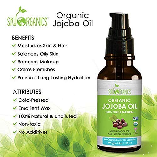 Sky Organics Aceite de Jojoba: sin refinar, 100% puro, aceite de jojoba orgánica 4 oz prensados ​​en frío - Hidratantes y Curación, Seco y la piel grasa, acné, pelo muy rizado
