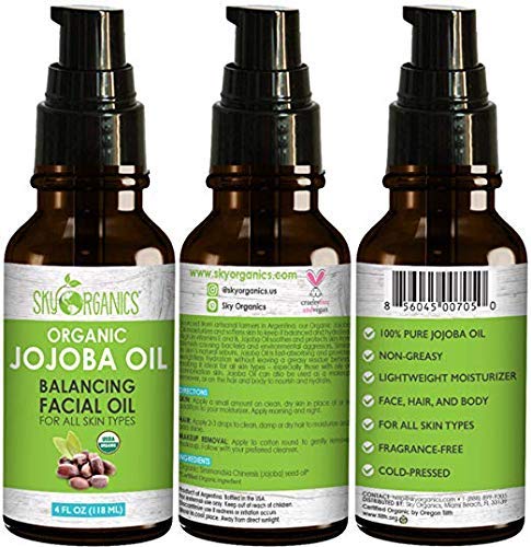 Sky Organics Aceite de Jojoba: sin refinar, 100% puro, aceite de jojoba orgánica 4 oz prensados ​​en frío - Hidratantes y Curación, Seco y la piel grasa, acné, pelo muy rizado