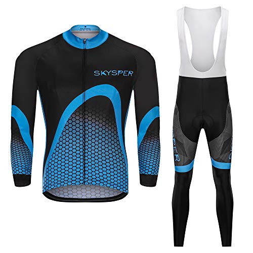 SKYSPER Ciclismo Maillot Hombres Jersey + Pantalones Largos Culote Mangas Largas de Ciclismo Conjunto de Ropa Maillot Entretiempo para Deportes al Aire Libre Ciclo Bicicleta