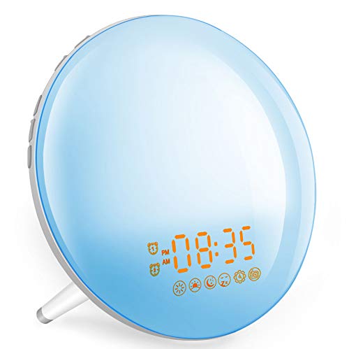 Smart Wake Up Light Despertador Luz - Inteligente Despertadores Wifi Control de Alexa Echo y Google Home,Simulación de Amanecer y Anochecer, 7 Luces de Colores/4 Alarmas/Radio FM