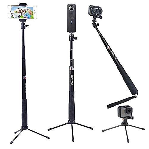 Smatree Q3 Palo Selfie Stick con Trípode para GoPro MAX, Hero 2018, Hero 9/8/7/6/5/4/3+/3/2/1/Fusion/Session, Ricoh Theta S/V, M15 Cámaras Compactas y Teléfonos Móviles
