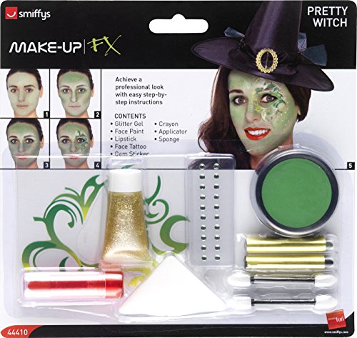 Smiffy'S 44410 Kit De Maquillaje Bruja Guapa Con Aqua, Tatuaje, Adhesivos De Joya Y Lápiz De Labios, Verde