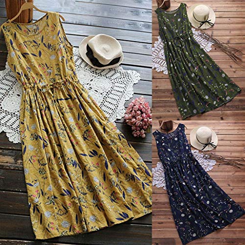 SMILEQ Vestido de Mujer Boho Falda con Estampado Floral Informal O-Cuello Sin Mangas Fiesta Suelta Vestido Largo Maxi (L, Verde)