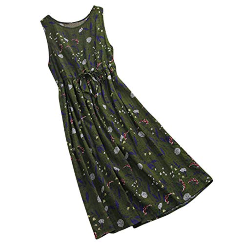 SMILEQ Vestido de Mujer Boho Falda con Estampado Floral Informal O-Cuello Sin Mangas Fiesta Suelta Vestido Largo Maxi (L, Verde)