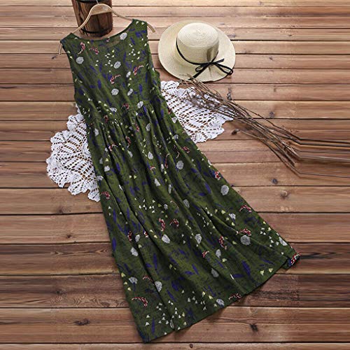 SMILEQ Vestido de Mujer Boho Falda con Estampado Floral Informal O-Cuello Sin Mangas Fiesta Suelta Vestido Largo Maxi (L, Verde)