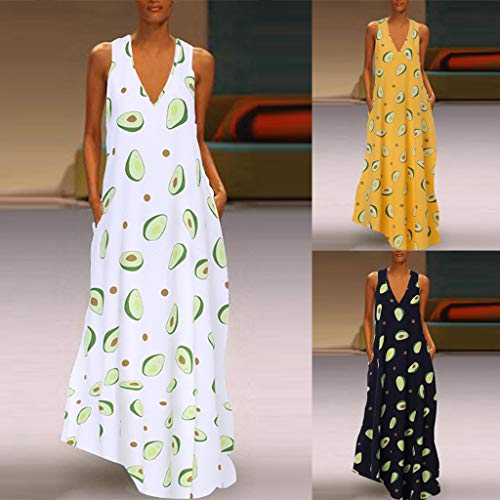 SMILEQ Vestido de Mujer Falda sin Mangas con Estampado Boho O-Cuello de Verano Talla Grande Algodón Lino Vestido Largo Maxi (L, Armada)
