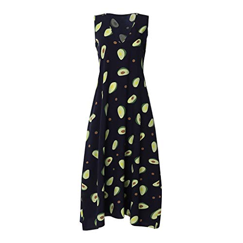 SMILEQ Vestido de Mujer Falda sin Mangas con Estampado Boho O-Cuello de Verano Talla Grande Algodón Lino Vestido Largo Maxi (L, Armada)