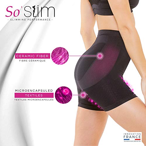 So Slim – Shorty para mujer – Anti celulitis reafirmante y efecto push Up – Tecnología francesa Cosméto Ceremic Negro M