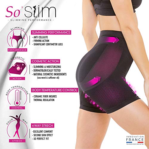 So Slim – Shorty para mujer – Anti celulitis reafirmante y efecto push Up – Tecnología francesa Cosméto Ceremic Negro M