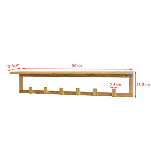 SoBuy FHK06-N,Perchero de Pared con Ganchos bambú,Estante de Pared, con 6 Ganchos y 1 Estante,L 90cm,ES (Perchero)