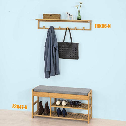 SoBuy FHK06-N,Perchero de Pared con Ganchos bambú,Estante de Pared, con 6 Ganchos y 1 Estante,L 90cm,ES (Perchero)