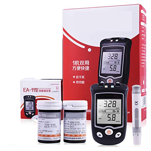 Sock Medidor de glucosa en Sangre y ácido úrico 2 en 1 Gran Pantalla Digital LCD con 50 Tiras Prueba sin código, 50 x Tira Prueba de ácido úrico,1 Pluma recolección Sangre mmol/L Fauay