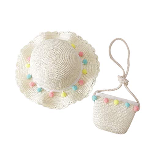 SODIAL 2 Piezas NiiOs NiiAs Sombrero de Playa de ProteccióN Solar Tejido de Paja Tapa de Cubo de Disquete de Verano Bolso de Mano PortáTil de Color Blanco