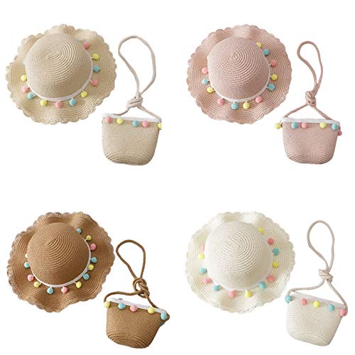SODIAL 2 Piezas NiiOs NiiAs Sombrero de Playa de ProteccióN Solar Tejido de Paja Tapa de Cubo de Disquete de Verano Bolso de Mano PortáTil de Color Blanco