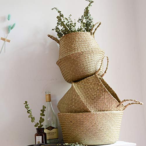 SODIAL Seagrass cesta de cesteria de mimbre plegable colgante maceta de flores maceta sucia de lavanderia cesto de almacenamiento cesta decoracion para el hogar tamano S