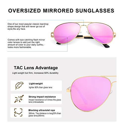 SODQW Gafas de Sol Polarizadas Mujer Espejo Marca Clásico Metal Marco 100% UVA/UVB Protección (Marco Dorado/Rosado Lense)