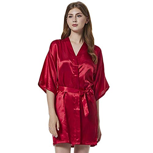 Soft Bata Ducha Bowknot Cardigan Camisón De Color Sólido Vestido De Novia De La Mañana Camisón Vestido De Dama De Albornoz Maquillaje del Traje Corto,Rojo,L