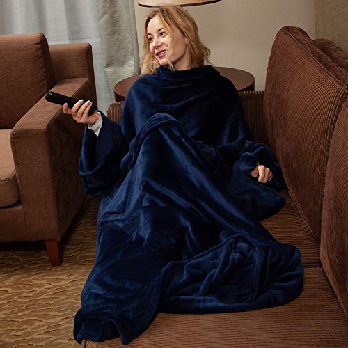 softan Manta de con Mangas y Bolsillos de Pies para Adultos, Hombres y Mujeres, Ligera Manta de Franela Suave con Mangas,Gancho y Bucle Ajustable, 200X170CM, Azul Marino (Bolsillo de Canguro)