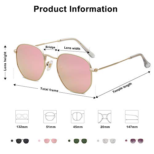 SOJOS Clásico Polígono Espejo Lentes UV Portección Unisex Gafas de Sol Polarizado SJ1072 Marco Dorado/Lente Rosa
