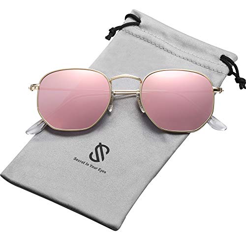 SOJOS Clásico Polígono Espejo Lentes UV Portección Unisex Gafas de Sol Polarizado SJ1072 Marco Dorado/Lente Rosa