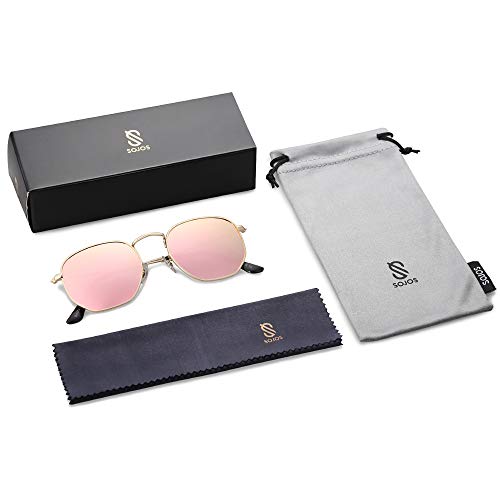 SOJOS Clásico Polígono Espejo Lentes UV Portección Unisex Gafas de Sol Polarizado SJ1072 Marco Dorado/Lente Rosa