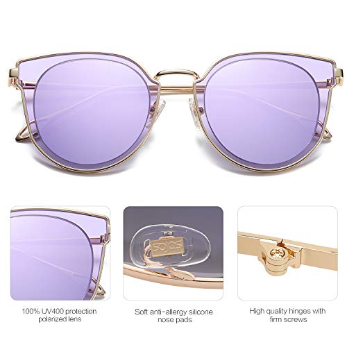 SOJOS Gafas De Sol Unisex Vintage Lentes Espejo Polarizadas Protecciòn UV SJ1057 Marco Dorado/Lentes Violetas