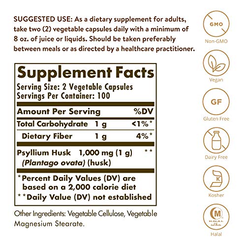 Solgar Fibra de cáscaras de Psyllium 500 mg Cápsulas vegetales - Envase de 200