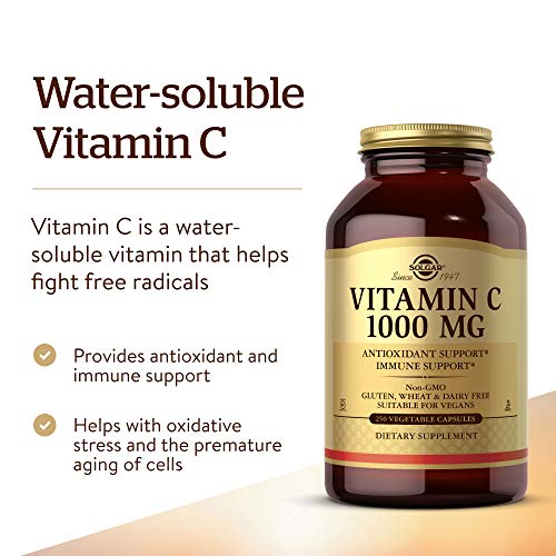 Solgar Vitamina C 1.000 mg, Luminosidad y Tonificación de Piel, Reduce el Cansancio, Apto para Veganos, 250 Cápsulas Vegetales