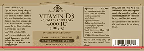 Solgar® Vitamina D3 4.000 UI (100 µg) para el mantenimiento de huesos y sistema inmune - 60 cápsulas vegetales