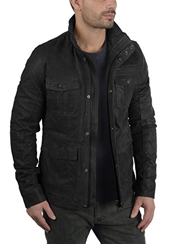 !Solid Lash Chaqueta Cazadora De Piel para Hombre con Cuello Alto De Cuero Real, tamaño:M, Color:Black (9000)