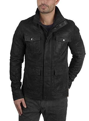 !Solid Lash Chaqueta Cazadora De Piel para Hombre con Cuello Alto De Cuero Real, tamaño:M, Color:Black (9000)