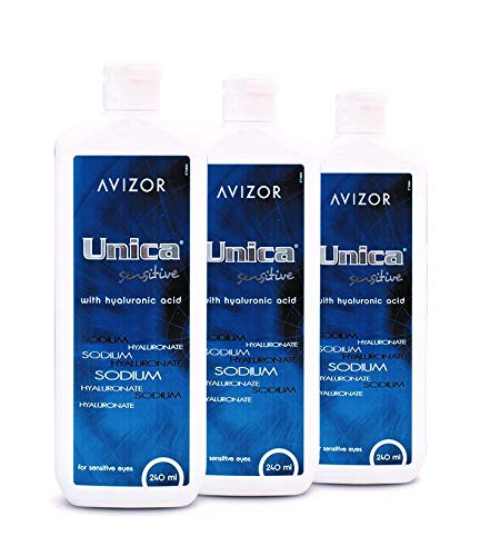 Solución única Avizor Unica Sensitive. Solución para limpieza y desinfección de todo tipo de lentes de blandas. 3 x 240 ml