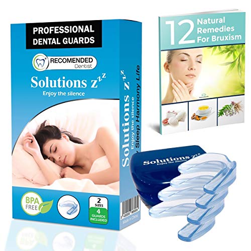 Solutions ZZZ Férula dental profesional [4 PIEZAS 2 TAMAÑOS] Ferula de Descarga Nocturna Anti rechinar de dientes- GRATIS:Libro 12 Remedios Naturales contra el Bruxismo y Estuche Antibacterial